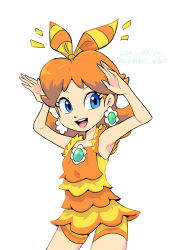  1girl :d alternate_costume blue_eyes bow brown_hair dated dress_swimsuit earrings flipped_hair flower_earrings hair_bow hands_up happy highres jewelry looking_at_viewer mario_kart mario_kart_tour medium_hair open_mouth orange_bow orange_shirt orange_shorts princess_daisy princess_daisy_(swimwear)_(mario_kart_tour) rabbit_pose shirt shorts simple_background sleeveless smile solo standing super_mario_bros. swimsuit teeth twitter_username two-tone_bow upper_teeth_only white_background yamari_(ya_mari_6363) yellow_bow 