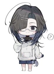  1boy ? ahoge artist_self-insert barefoot black_eyes black_hair blue_hair blush_stickers chibi chibi_only glasses hair_over_one_eye highres hood hoodie imamiya_pinoko long_hair multicolored_hair original short_shorts shorts solo spoken_question_mark sweatdrop two-tone_hair white_background 