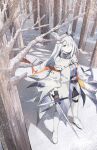  1girl animal_ears arknights bare_tree black_gloves boots cloak closed_mouth commentary dress empty_eyes frostnova_(arknights) frown full_body gloves grey_eyes hair_ornament hair_over_one_eye highres holding holding_sword holding_weapon knee_boots long_hair looking_at_viewer looking_up outdoors rabbit_ears rabbit_girl sae1293 scar scar_on_face scar_on_nose snow snow_on_tree solo sword tree weapon white_cloak white_dress white_footwear white_hair 