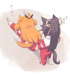  2girls animal_ears black_bow black_hair blunt_ends bow commentary_request dragging ear_bow from_above from_behind highres horse_ears horse_girl horse_tail long_hair mayano_top_gun_(umamusume) mukakin multiple_girls narita_brian_(umamusume) orange_hair ponytail red_shoes red_track_suit rope sand shimenawa shoes sneakers tail track_suit translated two_side_up umamusume very_long_hair 