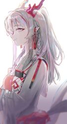  1girl absurdres arknights braid breasts bright_pupils coat commentary dragon_girl dragon_horns dragon_tail earrings from_side high_ponytail highres horns jewelry long_hair medium_breasts nian_(arknights) open_clothes open_coat pink_eyes pointy_ears ponytail red_tube_top sakiyo side_braids sidelocks smile solo strapless tail tassel tassel_earrings tube_top upper_body white_coat white_hair white_pupils 