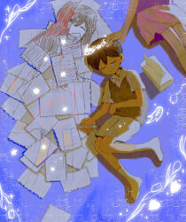  1boy 1girl absurdres black_hair black_sweater_vest brown_shorts closed_mouth collared_shirt double-parted_bangs hand_on_another&#039;s_head highres holding holding_marker jukttgsnle9824 lying mari_(faraway)_(omori) mari_(headspace)_(omori) mari_(omori) marker omori on_side paper pleated_skirt red_skirt shirt short_hair shorts skirt socks something_(omori) spoilers sunny_(omori) sweater_vest tissue tissue_box white_shirt white_socks 