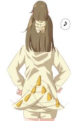  1girl blunt_ends brown_hair character_doll commentary_request cowboy_shot dinosaur_tail doll doll_on_head eighth_note facing_away from_behind hands_on_own_hips highres hood hood_down hoodie kachimachi_kosuzu kachimachi_kosuzu_(sega_lucky_lottery_sleepwear) lamchan link!_like!_love_live! long_sleeves love_live! medium_hair musical_note nesoberi official_alternate_costume shorts simple_background solo spoken_musical_note tail tail_wagging virtual_youtuber white_background yellow_hoodie yellow_shorts 