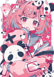  1girl :o aramedraw blush border bow bowtie commentary_request hair_ornament hat highres jacket juice_box long_sleeves looking_at_viewer off_shoulder open_clothes open_jacket open_mouth original outside_border panda_hat pink_background pink_bow pink_bowtie pink_eyes pink_hair pink_jacket shirt short_hair signature solo upper_body white_border white_hat white_shirt x_hair_ornament 