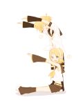  1boy 1girl blonde_hair blue_eyes bow closed_eyes commentary_request detached_sleeves hair_bow headset highres kagamine_len kagamine_rin leg_warmers letter_pose necktie oboro_0x0 open_mouth outstretched_arms sailor_collar short_ponytail shorts sitting speech_bubble spoken_number vocaloid white_bow white_footwear 