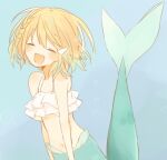  1girl bikini blonde_hair blush braid closed_eyes fang green_tail kagamine_rin mermaid midriff monster_girl oboro_0x0 single_braid smile solo swimsuit underwater vocaloid white_bikini 