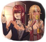  2girls blonde_hair bow bowtie breasts can choker crying crying_with_eyes_open dark_elf earrings eating elf fire food fruit hair_between_eyes highres holding holding_can holding_lighter hololive houshou_marine jewelry lighter long_hair long_sleeves medium_breasts multiple_girls necktie pineapple pineapple_slice pointy_ears redhead shino_12a shiranui_flare tears upper_body virtual_youtuber 