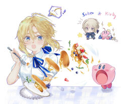  ! 1girl ahoge artoria_pendragon_(fate) blonde_hair blue_eyes blue_ribbon blueberry blush blush_stickers character_name chibi chibi_inset collared_shirt commentary cosplay fate/stay_night fate_(series) food fork fruit hair_ribbon highres holding holding_fork kirby kirby_(series) neck_ribbon nigiri plate puffy_short_sleeves puffy_sleeves ribbon saber_(fate) saber_(fate)_(cosplay) shirt short_sleeves speech_bubble star_(symbol) strawberry strawberry_slice symbol-only_commentary twitter_username watermark white_shirt wing_collar 