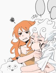  +++ 1boy 1girl ? arm_around_waist bare_shoulders blush_stickers brown_eyes camisole closed_eyes clouds collarbone devil_fruit_power elasticity english_commentary gear_fifth hat highres hug hug_from_behind long_hair mini_hat monkey_d._luffy nami_(one_piece) one_piece open_clothes open_mouth open_shirt orange_hair parted_lips scar scar_on_cheek scar_on_face shirt shoulder_tattoo sidelocks smile spaghetti_strap squiggle sweatdrop tattoo tonimoon transformation upper_body wavy_hair white_hair white_shirt zeus_(one_piece) 