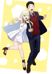  1boy 1girl absurdres black_hair blonde_hair border commentary_request cosplay crossover dress earrings full_body gigi_andalusia gigi_andalusia_(cosplay) gojou_wakana grey_eyes gundam gundam_hathaway's_flash hathaway_noa hathaway_noa_(cosplay) highres jewelry kitagawa_marin long_hair look-alike looking_at_viewer necktie one_eye_closed short_hair sono_bisque_doll_wa_koi_wo_suru triangle_earrings v white_border white_dress yellow_background yorozu_(user_auaz7473) 