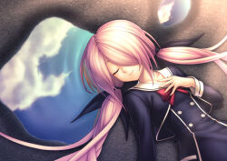  1girl black_dress black_jacket bow breasts buttons chaos;child chest_bow closed_eyes cropped_jacket dress hair_over_one_eye hair_ribbon hekiho_academy_school_uniform jacket long_hair long_sleeves minamisawa_senri pink_hair ribbon school_uniform science_adventure small_breasts smile solo taba_neruko twintails very_long_hair 