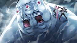  1boy 1girl belt black_hair black_jacket black_shoes black_thighhighs blue_hair chaos;child collared_shirt d-sword dress_shirt dress_vest floating_clothes floating_neckwear game_cg giant glasses hekiho_academy_school_uniform highres holding holding_sword holding_weapon horror_(theme) jacket kazuki_hana loafers miniskirt miyashiro_takuru necktie no_jacket official_art opaque_glasses open_mouth red_necktie sailor_collar sasaki_mutsumi school_uniform science_adventure shirt shoes short_hair skirt sumo_sticker_(chaos;child) sword thigh-highs thighs violet_eyes weapon white_belt white_sailor_collar white_shirt white_trim wide-eyed 