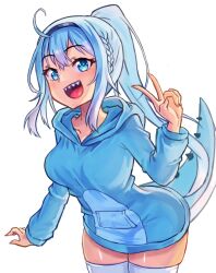  1girl ahoge artist_request blue_eyes blue_hair braid breasts collarbone dinosaur_girl dinosaur_tail highres hood hoodie indie_virtual_youtuber large_breasts non-web_source open_mouth ponytail sharp_teeth skiddosaurus_rex solo source_request tail teeth thick_thighs thigh-highs thighs v white_background white_thighhighs 