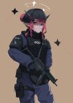  1girl absurdres blue_eyes body_armor bulletproof_vest combat_helmet gun h&amp;k_mp5 halo helmet heterochromia highres hololive hololive_english horns irys_(hololive) long_hair looking_at_viewer multicolored_hair pointy_ears police police_uniform policewoman purple_hair redhead shift_(shiftillust) solo submachine_gun swat tactical_clothes uniform virtual_youtuber weapon 