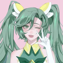  1girl bare_shoulders collared_shirt gloves green_eyes green_hair hair_ornament hand_up highres league_of_legends long_hair looking_at_viewer official_alternate_costume one_eye_closed shirt signature smile solo sona_(league_of_legends) star_guardian_sona teeth twintails w white_gloves wu_wai_ma_qi_duo 