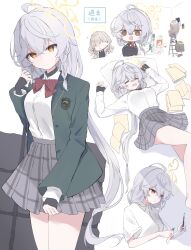  4girls @_@ aged_down ahoge alternate_costume blazer blue_archive bow bowtie boxcutter braid breasts carrying deformed dress_shirt eri_(blue_archive) exhausted gloom_(expression) green_jacket grey_skirt highres holding holding_boxcutter holding_pencil jacket large_breasts long_hair long_sleeves lying multiple_girls multiple_views no_headwear on_back painting_(object) paper papers pencil pillow red_bow red_bowtie shirt skirt trsko_o very_long_hair wavy_hair white_hair wildhunt_art_academy_student_(smg)_(blue_archive) yellow_eyes 