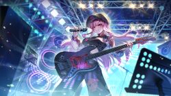  1girl absurdres baseball_cap bass_guitar black_hat black_pants black_shirt breasts commentary concert cropped_shirt electric_guitar grin guitar hat highres holding holding_bass_guitar holding_instrument holding_microphone hololive hololive_english indoors instrument large_breasts lazyfox long_hair looking_at_viewer microphone mori_calliope pants pink_eyes pink_hair shirt sidelocks smile very_long_hair virtual_youtuber 