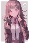  1girl :&lt; ? black_jacket border breasts brown_hair brown_skirt collared_shirt cowboy_shot danganronpa_(series) danganronpa_2:_goodbye_despair dress_shirt galaga hair_ornament highres hood hood_down hooded_jacket ibushi_(kuyuru_29) jacket large_breasts medium_hair nanami_chiaki neck_ribbon open_clothes open_jacket pink_eyes pink_ribbon pleated_skirt pointing pointing_at_self ribbon shirt skirt solo white_border white_shirt 