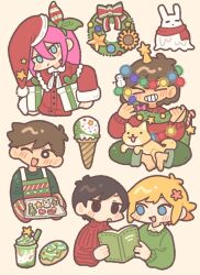  >_< 1girl 4boys :d alternate_costume alternate_eye_color antenna_hair apron aubrey_(faraway)_(omori) aubrey_(omori) barefoot basil_(faraway)_(omori) basil_(omori) black_eyes black_hair blonde_hair blue_eyes blush book box bright_pupils brothers brown_hair chibi chibi_only christmas_lights christmas_sweater christmas_wreath closed_mouth collared_shirt cup dark-skinned_male dark_skin dog double-parted_bangs doughnut drinking_straw flower food gift gift_box green_hairband green_sweater grey_background grin hair_between_eyes hair_flower hair_ornament hairband hat hector_(omori) hero_(faraway)_(omori) hero_(omori) highres holding holding_book holding_gift ice_cream ice_cream_cone kel_(faraway)_(omori) kel_(omori) long_hair long_sleeves looking_at_another multiple_boys nikudango omori one_eye_closed open_mouth oven_mitts pink_hair red_hat red_scarf red_sweater ribbed_sweater santa_costume santa_hat scarf shirt shirt_under_sweater short_hair siblings simple_background sitting smile sunny_(omori) sweater teeth turtleneck turtleneck_sweater white_pupils white_shirt wreath xd 