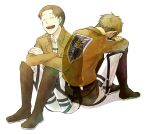  2boys back-to-back black_hair boots closed_eyes elbow_on_knee emblem freckles ghost head_rest jean_kirchstein knees_up male_focus marco_bodt multiple_boys paradis_military_uniform sad shingeki_no_kyojin short_hair sitting smile soraumeme spoilers survey_corps symbolism thick_eyebrows thigh_strap 