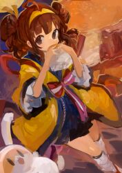  1girl absurdres ahoge animal brown_eyes brown_hair burger commentary_request double_bun eating food hair_bun hairband highres holding holding_food imadake_tsukimi_tabemi japanese_clothes kaamin_(mariarose753) looking_at_viewer mcdonald's moon rabbit solo yellow_hairband yellow_happi 