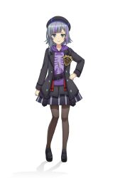  1girl anime_coloring belt black_belt black_jacket black_shoes blue_eyes breasts brown_pantyhose clenched_hands closed_mouth collarbone cue! full_body green_eyes grey_hair grey_hat grey_skirt hand_on_own_hip hat heterochromia highres hood hood_down hoodie jacket lips loafers long_sleeves looking_at_viewer maruyama_rie multicolored_hair official_art pantyhose purple_hair purple_hood purple_hoodie shoes short_hair simple_background single_sidelock skirt smile solo standing streaked_hair striped_clothes striped_hat striped_skirt tachi-e taniguchi_motohiro transparent_background two-tone_hair v-shaped_eyebrows 