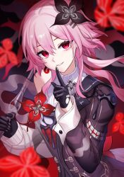  1girl black_dress black_flower black_gloves breasts dress evernight_(honkai:_star_rail) flower gloves hair_between_eyes hair_flower hair_ornament holding holding_umbrella honkai:_star_rail honkai_(series) kiki-yu long_hair long_sleeves looking_at_viewer march_7th_(honkai:_star_rail) pink_hair red_eyes smile solo umbrella 
