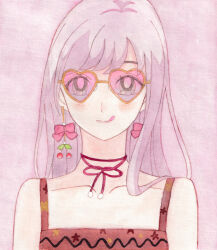  1990s_(style) 1girl :q bow bow_earrings cherry_earrings closed_mouth collarbone dress earrings eyelashes faux_retro_artstyle floral_print food-themed_earrings happy heart heart-shaped_eyewear highres jewelry kanata_(6v0o0v9) light_blush lipstick long_hair makeup neck_ribbon nikki_(series) painting_(medium) pink-tinted_eyewear pink_background pink_bow pink_hair pink_lips pink_ribbon red_dress retro_artstyle ribbon shining_nikki simple_background sleeveless sleeveless_dress smile solo straight-on stylist_(nikki) sunglasses tareme tinted_eyewear tongue tongue_out tongue_up traditional_media upper_body watercolor_(medium) yellow-framed_eyewear 