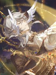  2boys ascot bird black_bow black_bowtie black_coat bow bowtie chair chinese_commentary clockie_(honkai:_star_rail) closed_eyes coat commentary_request conductor_baton dove earrings feathered_wings formal_clothes glint gloves gold_earrings grey_hair hair_between_eyes halo halo_behind_head head_wings highres holding_baton honkai:_star_rail honkai_(series) indoors jewelry long_sleeves male_focus medium_hair misha_(honkai:_star_rail) multiple_boys musical_note musical_staff parted_lips piercing qingming_tiaohetu shirt spiked_halo sunday_(honkai:_star_rail) sunday_(star_rail_live_2025)_(honkai:_star_rail) tailcoat white_ascot white_bird white_gloves white_shirt white_wings wing_piercing wings 