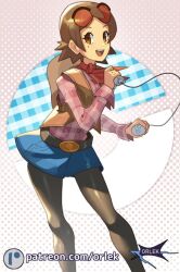  1girl :d artist_name belt belt_buckle blue_skirt brown_eyes brown_hair buckle commentary controller eyelashes eyewear_on_head game_controller hayley_(pokemon) holding long_sleeves mole mole_under_eye my_pokemon_ranch open_mouth orlek pantyhose patreon_logo pokemon shirt short_hair skirt smile solo sunglasses teeth tongue upper_teeth_only watermark web_address wii_remote 