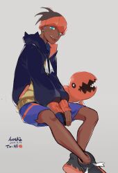  1boy :d absurdres aqua_eyes black_hoodie blue_shorts commentary_request dark-skinned_male dark_skin dated earrings gloves happy headband highres hood hood_down hoodie hoshizora invisible_chair jewelry looking_at_viewer male_focus open_mouth orange_headband pokemon pokemon_(creature) pokemon_swsh raihan_(pokemon) shoes short_hair shorts side_slit side_slit_shorts signature single_glove sitting smile teeth trapinch upper_teeth_only 