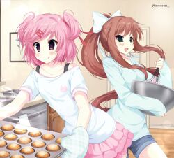  2000s_(style) 2girls doki_doki_literature_club hair_ornament hair_ribbon hairclip highres jelly_(bonnybel) looking_at_viewer monika_(doki_doki_literature_club) multiple_girls natsuki_(doki_doki_literature_club) open_mouth pink_eyes pink_hair ponytail red_ribbon ribbon shirt short_hair skirt swept_bangs two_side_up x_hair_ornament 