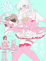  !? 1boy 2girls @_@ anastasia_(fate) blue_background blush boots cosplay dpw6p39pwizgzdz dress earrings fate/grand_order fate_(series) frilled_thigh_strap gloves hair_over_one_eye highres illyasviel_von_einzbern jewelry kama_(fate) knees_together_feet_apart long_hair multiple_girls pink_dress prisma_illya prisma_illya_(cosplay) red_hair skirt skirt_tug takasugi_shinsaku_(fate) thigh_boots thigh_strap viy_(fate) white_gloves white_hair 