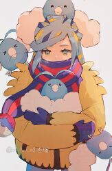 1boy anzu_(v0_0v_o0) aqua_eyes aqua_hair bird blue_eyes blue_hair blue_mittens blue_scarf closed_eyes closed_mouth eyelashes feathers fluffy grusha_(pokemon) highres holding holding_pokemon jacket long_hair long_sleeves mittens on_head pants pokemon pokemon_(creature) pokemon_on_head pokemon_sv scarf scarf_over_mouth smile striped_clothes striped_scarf swablu two-tone_scarf wings yellow_jacket 