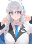  1girl absurdres bespectacled black-framed_eyewear blazer blue_archive blunt_bangs glasses grey_hair halo hands_on_eyewear highres jacket long_sleeves looking_at_viewer noa_(blue_archive) randouworks simple_background solo upper_body violet_eyes white_background 