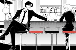  2boys 63roku63 bandaged_head bandages bar_(place) black_eyes black_hair chrollo_lucilfer earrings full_body highres hunter_x_hunter jewelry kurapika long_sleeves male_focus monochrome multiple_boys necktie shirt short_hair sitting suit 