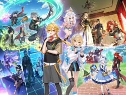  6+boys 6+girls absurdres aether_(genshin_impact) ajaw_(genshin_impact) alhaitham_(genshin_impact) alternate_costume alternate_hairstyle amaichi_esora animal_ear_headphones animal_ears apron basket black_hair black_hoodie black_mask black_pants black_robe black_shirt black_umbrella blonde_hair blue_dress blue_eyes book braid broom broom_riding cellphone crown cyno_(genshin_impact) diluc_(genshin_impact) diluc_(parallels_meet)_(genshin_impact) dress enmaided eyewear_on_head fake_animal_ears flins_(genshin_impact) flins_(parallels_meet)_(genshin_impact) flower fox_boy fox_ears furina_(genshin_impact) genshin_impact gentilhomme_usher glasses grin gun hair_flower hair_ornament halo hat headphones headset highres holding holding_basket holding_book holding_broom holding_gun holding_phone holding_quill holding_staff holding_weapon holographic_interface hood hoodie hoyofair hu_tao_(genshin_impact) jacket kaveh_(genshin_impact) keqing_(genshin_impact) kinich_(genshin_impact) kinich_(parallels_meet)_(genshin_impact) long_hair looking_at_viewer lumine_(genshin_impact) mademoiselle_crabaletta mage_staff magic maid maid_apron maid_headdress mona_(genshin_impact) multiple_boys multiple_girls navia_(genshin_impact) nilou_(genshin_impact) official_art open_mouth paimon_(genshin_impact) pants phone ponytail quill red_dress red_hair revolver robe shirt short_hair short_hair_with_long_locks smartphone smile staff surintendante_chevalmarin tighnari_(genshin_impact) twin_braids twintails umbrella very_long_hair watch watch weapon white_jacket white_shirt witch_hat wriothesley_(genshin_impact) x_hair_ornament yellow_eyes yumemizuki_mizuki yumemizuki_mizuki_(parallels_meet) 
