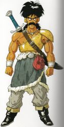  1990s_(style) 1boy absurdres armor black_boots black_eyes black_facial_hair black_hair blue_shawl boots bracelet breastplate cheekbones dragon_quest dragon_quest_v facial_hair full_body grey_pants highres jewelry low_ponytail male_focus mature_male muscular muscular_male mustache necklace nipples official_art pants papas pauldrons ponytail retro_artstyle scabbard scan shawl sheath sheathed shoulder_armor single_pauldron spiky_hair sword sword_on_back tan third-party_source tooth_necklace toriyama_akira weapon weapon_on_back 