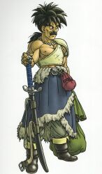  1boy absurdres armlet armor belt_buckle black_boots black_eyes black_facial_hair blue_shawl boots breastplate brown_pants buckle cheekbones dragon_quest dragon_quest_v facial_hair full_body highres jewelry looking_to_the_side low_ponytail male_focus mature_male muscular muscular_male mustache necklace nipples official_art pants papas pauldrons planted planted_sword ponytail scan shawl sheath sheathed shoulder_armor silver_armlet single_pauldron solo spiky_hair sword third-party_source tooth_necklace toriyama_akira weapon 