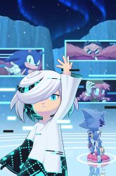  2girls 3boys absurdres animal_ears animal_nose bald belle_the_tinkerer black_sclera blue-tinted_eyewear blue_eyes body_fur brown_facial_hair colored_sclera comic_cover crumpled_paper digimin dr._eggman facial_hair floating furry furry_female furry_male glasses glitch gloves goggles green_eyes green_overalls hair_over_one_eye hedgehog_boy highres humanoid_robot light_persona looking_at_viewer metal_sonic multiple_boys multiple_girls mustache official_art one_eye_covered overalls pink_nose pixel_eyes red_eyes robot sage_(sonic) smile sonic_(series) sonic_the_hedgehog sonic_the_hedgehog_(idw) tail tied_sweater tinted_eyewear wardrobe white_gloves 
