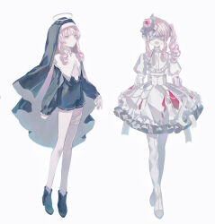  2others :d absurdres akiyama_mizuki bandaged_leg bandages bare_legs black_boots black_jacket black_shorts black_veil blindfold boots bow buttons closed_mouth commentary covered_eyes crossed_ankles dress drill_hair drill_sidelocks english_commentary expressionless facing_viewer flower frilled_dress frilled_sleeves frills grey_bow hair_bow hair_flower hair_ornament hair_over_shoulder halo highres jacket juliet_sleeves keikyoku_no_machi_wa_doko_e_(project_sekai) knees_together_feet_apart long_hair long_sleeves looking_ahead medium_dress multiple_others nun open_mouth other_focus pale_skin phlic pink_flower pink_rose project_sekai puffy_long_sleeves puffy_sleeves ribbon-trimmed_sleeves ribbon_trim rose shorts side_drill side_ponytail sidelocks simple_background sleeves_past_wrists smile standing thigh_boots veil white_background white_boots white_dress white_halo 