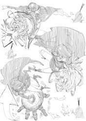  1girl 1other arrow_(symbol) black_cape black_jacket blonde_hair book cape chibi clapping devil_fruit_power eyed_silhouette goggles goggles_on_headwear gunko hat highres imu_(one_piece) jacket mask monochrome mouth_mask nadidafuq no_pants one_piece oversized_limbs peaked_cap rogatywka short_hair silhouette simple_background sketch tall_crown white_background 