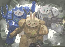  1girl 3others :3 absurdres adeptus_astartes armor artist_name bear black_hair blue_armor chiikawa chiikawa_(character) clenched_hand commentary commentary_request crossover firing full_body gun hachiware_(chiikawa) heart heavy_bolter helping highres holding holding_gun holding_polearm holding_weapon kicking multiple_others open_mouth outstretched_arm pauldrons polearm power_armor rabbit shadow shoulder_armor signature ultramarines usagi_(chiikawa) warhammer_40k weapon white_armor yellow_armor yukiale 