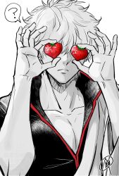  1boy ? ameyasorajiro closed_mouth collarbone commentary_request covered_eyes covering_own_eyes crazy_straw drinking_straw food fruit gintama hadanugi_dousa hands_up highres holding holding_food japanese_clothes kimono long_sleeves male_focus monochrome open_clothes open_kimono pectoral_cleavage pectorals popped_collar sakata_gintoki short_hair short_sleeves signature solo spoken_question_mark spot_color strawberry upper_body white_background 