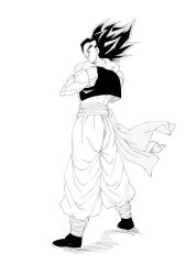  1boy cropped_vest dragon_ball dragon_ball_super dragon_ball_super_broly fenyon from_behind full_body gogeta greyscale male_focus medium_hair metamoran_vest monochrome no_shirt sash simple_background smirk solo spiky_hair vest white_background 
