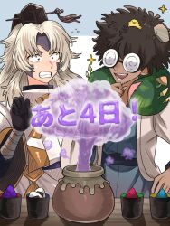  2boys akazu_(towa_and_the_guardians_of_the_sacred_tree) arm_wrap bandai_namco bird black_gloves black_hat blue_kimono blue_sash brown_hair character_request clenched_teeth coke-bottle_glasses commentary_request countdown_illustration cowboy_shot cup dark-skinned_male dark_skin facial_mark flying_sweatdrops food glasses gloves hair_intakes hand_on_own_hip hat headband highres hirai_mikuni impasto japanese_clothes kimono male_focus mark_under_eye messy_hair multiple_boys mushroom neck_pillow obi object_through_head official_art onigiri open_mouth parted_bangs powder purple_headband sash science scientist screw_in_head second-party_source simple_background smoke sokutai sparkle surprised table tassel tate_eboshi teeth three-quarter_sleeves tongue towa_and_the_guardians_of_the_sacred_tree translation_request white_background white_sleeves white_sokutai wide_sleeves wooden_table yellow_bird yellow_fur 