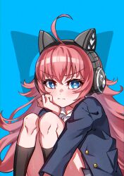 1girl absurdres ahoge animal_ear_headphones animal_ears bang_dream! black_socks blue_background blue_eyes blue_jacket blush cat_ear_headphones cat_ears closed_mouth commentary fake_animal_ears head_rest headphones highres jacket junji_17 kneehighs knees_up long_hair looking_at_viewer pink_hair shirt sitting socks solo tamade_chiyu white_shirt 