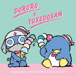  2boys bird black_eyes blue_background blue_eyes bow bowtie copyright_name dororo_(keroro_gunsou) food frog hat highres ice_cream keroro_gunsou knife looking_at_viewer mask mouth_mask multiple_boys ninja_mask official_art penguin sanrio simple_background star_(symbol) tuxedo_sam white_hat 