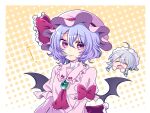  2girls ahoge ascot back_bow bat_wings biting border bow braid chibi chibi_inset closed_eyes crying dot_nose dress frilled_bow frills grey_hair hair_between_eyes hands_on_own_face hat hat_bow izayoi_sakuya lip_biting looking_to_the_side maid_headdress mob_cap multiple_girls pink_dress pink_hair pink_headwear polka_dot polka_dot_background red_ascot red_bow red_eyes remilia_scarlet short_hair touhou tsugomori_(remilia0398) tsurime twin_braids upper_body wavy_hair white_border wings 