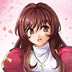  blush brown_eyes brown_hair cherry_blossoms collar cross dress erica_fontaine fruehnaum heart highres juliet_sleeves latin_cross long_hair long_sleeves looking_at_viewer open_mouth petals puffy_sleeves red_dress sakura_taisen sakura_taisen_iii sidelocks smile white_collar 